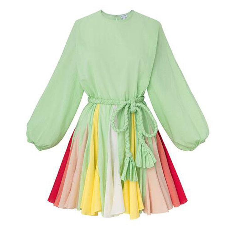 Color Pleated Hem Lace-up Dress- Green