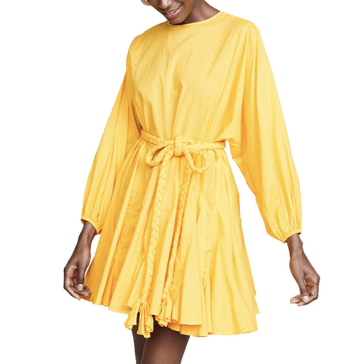 Color Pleated Hem Lace-up Dress- Yellow