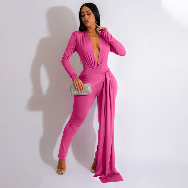 Tight V neck Long Sleeve Jumpsuit