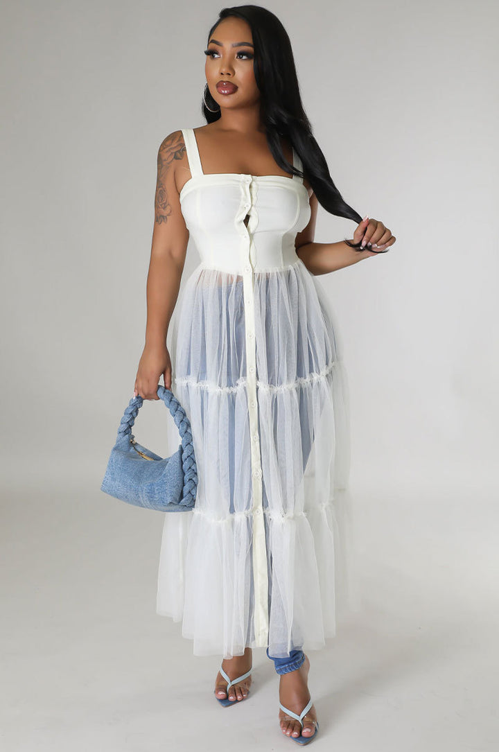 Half Tulle Suspender Dress- White