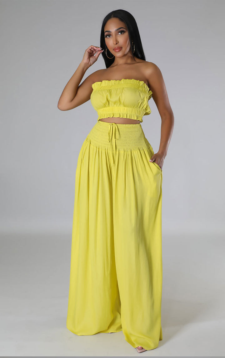 Tube Top Crop Top with Wide Leg Pants- Yellow