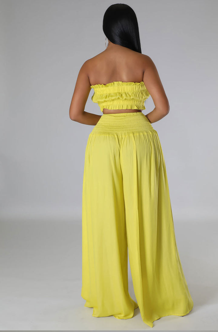 Tube Top Crop Top with Wide Leg Pants- Yellow