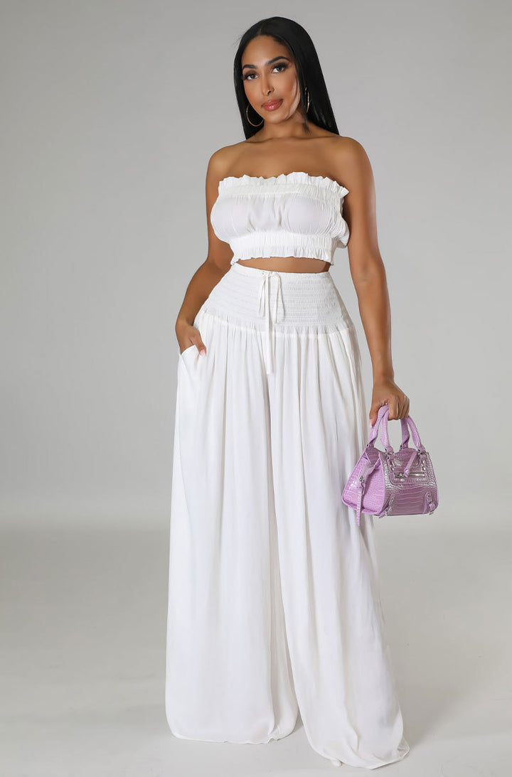 Tube Top Crop Top with Wide Leg Pants- White