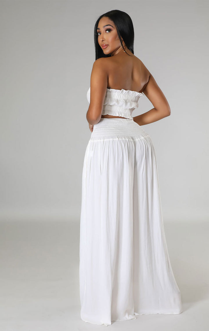 Tube Top Crop Top with Wide Leg Pants- White