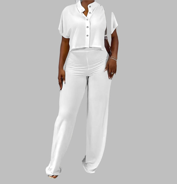 Short Cardigan Top with Trousers- White