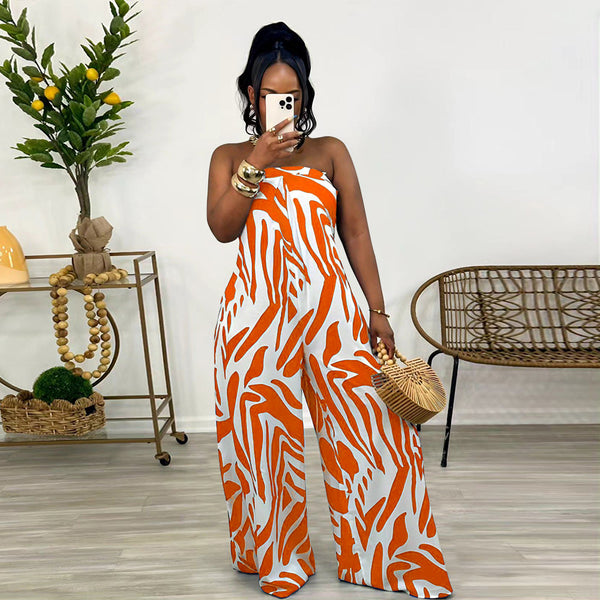 Printed Tube Top Wide Leg Jumpsuit