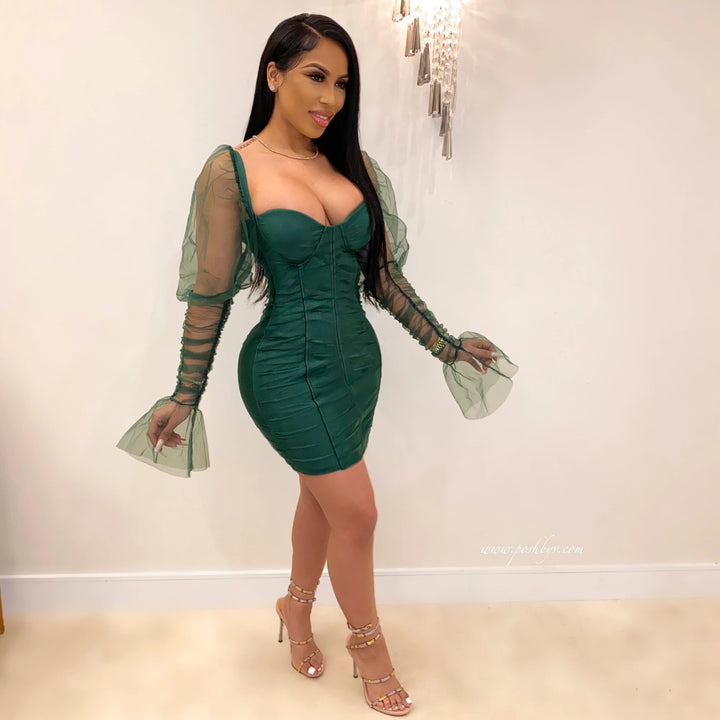 Mesh Sleeves Dress- Green