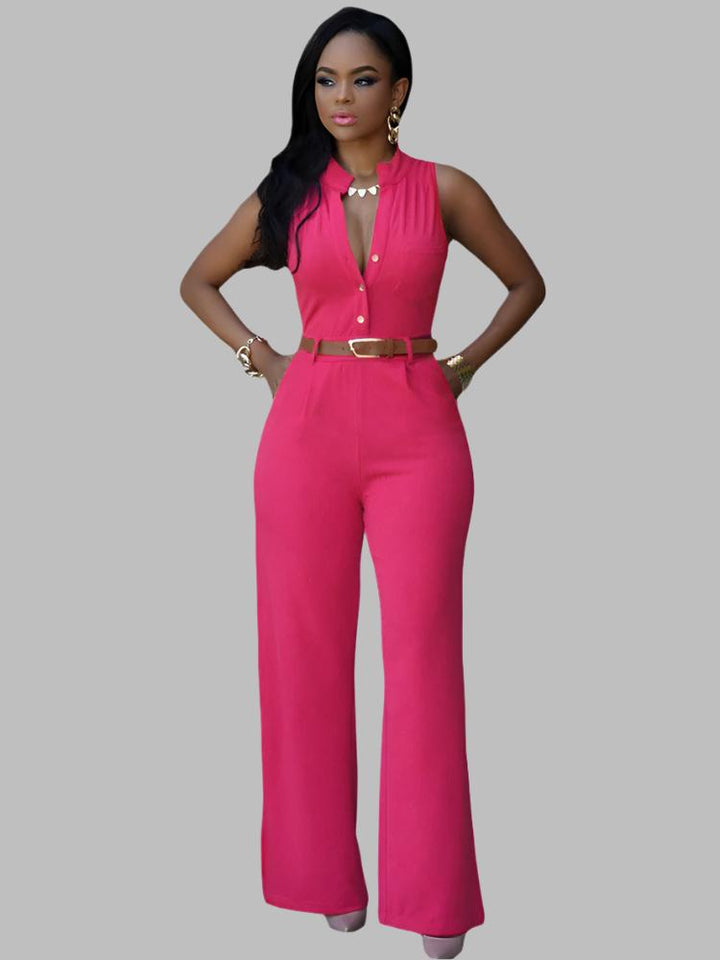 Single Breasted High Waist with Belt Wide Leg Jumpsuit- Coral Red