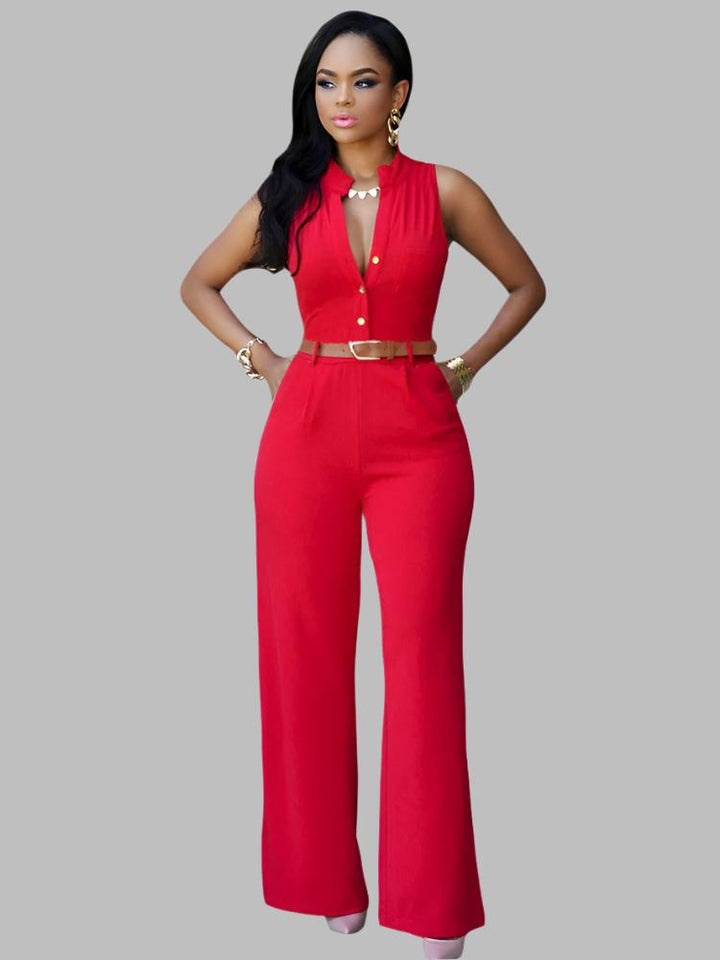 Single Breasted High Waist with Belt Wide Leg Jumpsuit- Red