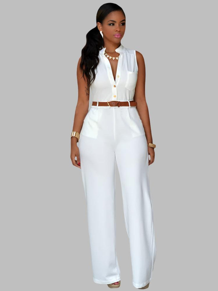 Single Breasted High Waist with Belt Wide Leg Jumpsuit- White