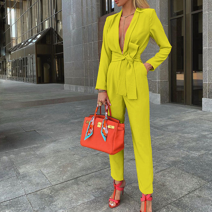 Tied Waist Plunge Neck Jumpsuit- Yellow