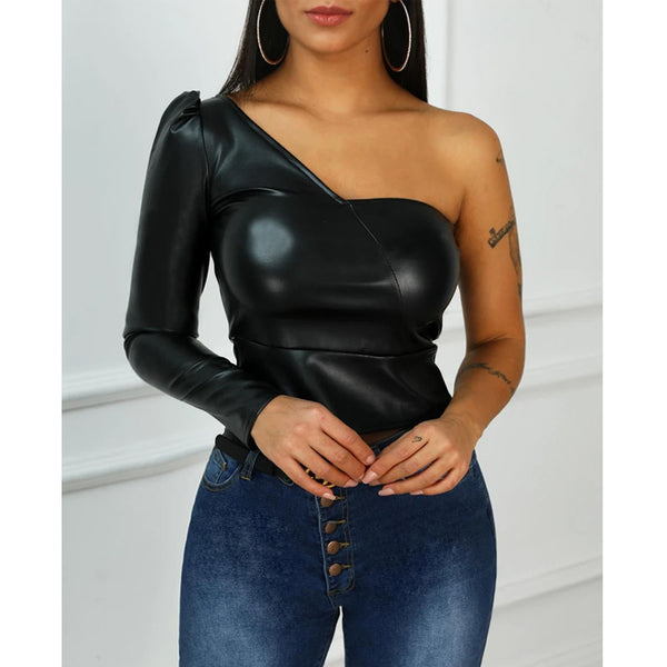 Faux Leather One Shoulder Top