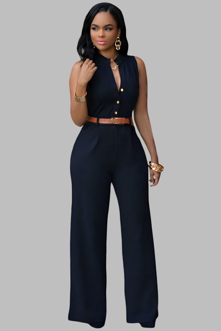 Single Breasted High Waist with Belt Wide Leg Jumpsuit- Black