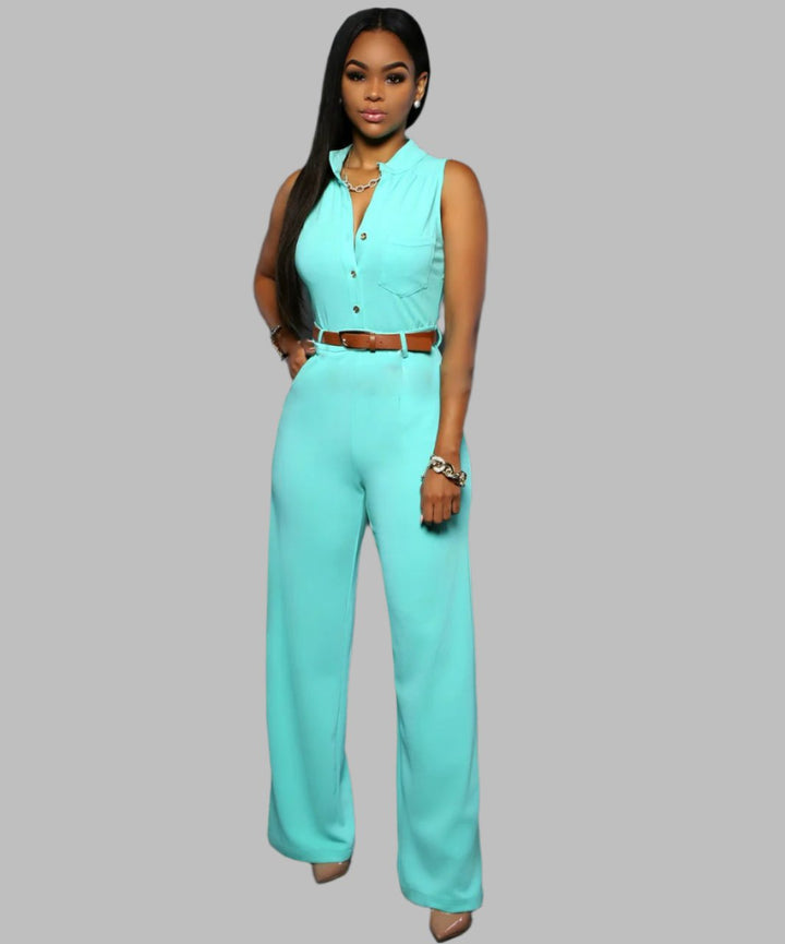 Single Breasted High Waist with Belt Wide Leg Jumpsuit- Light Blue