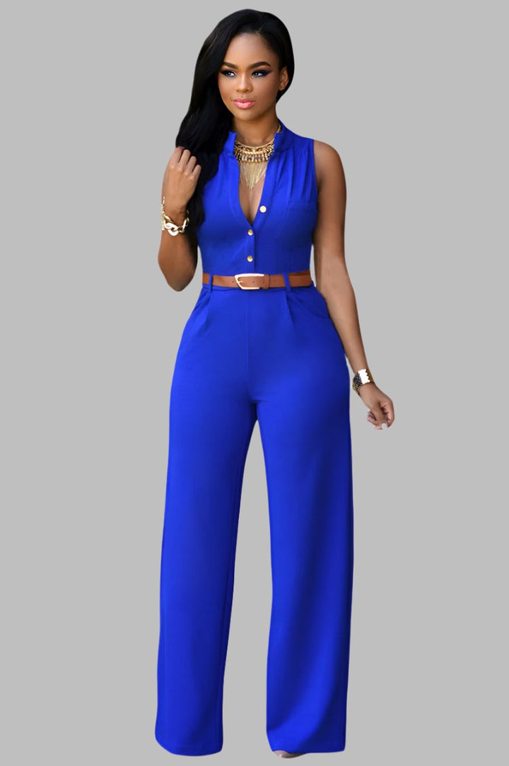 Single Breasted High Waist with Belt Wide Leg Jumpsuit- Royal Blue