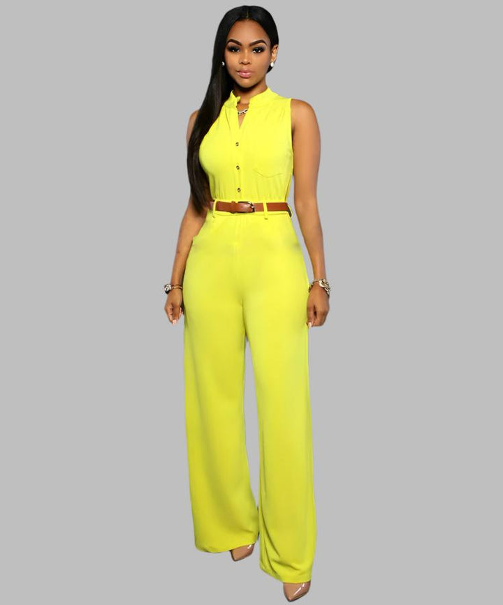 Single Breasted High Waist with Belt Wide Leg Jumpsuit- Yellow