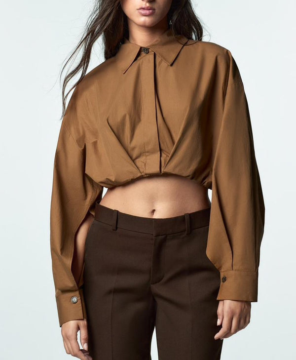 Collared Long Sleeve Elastic Waist Blouse