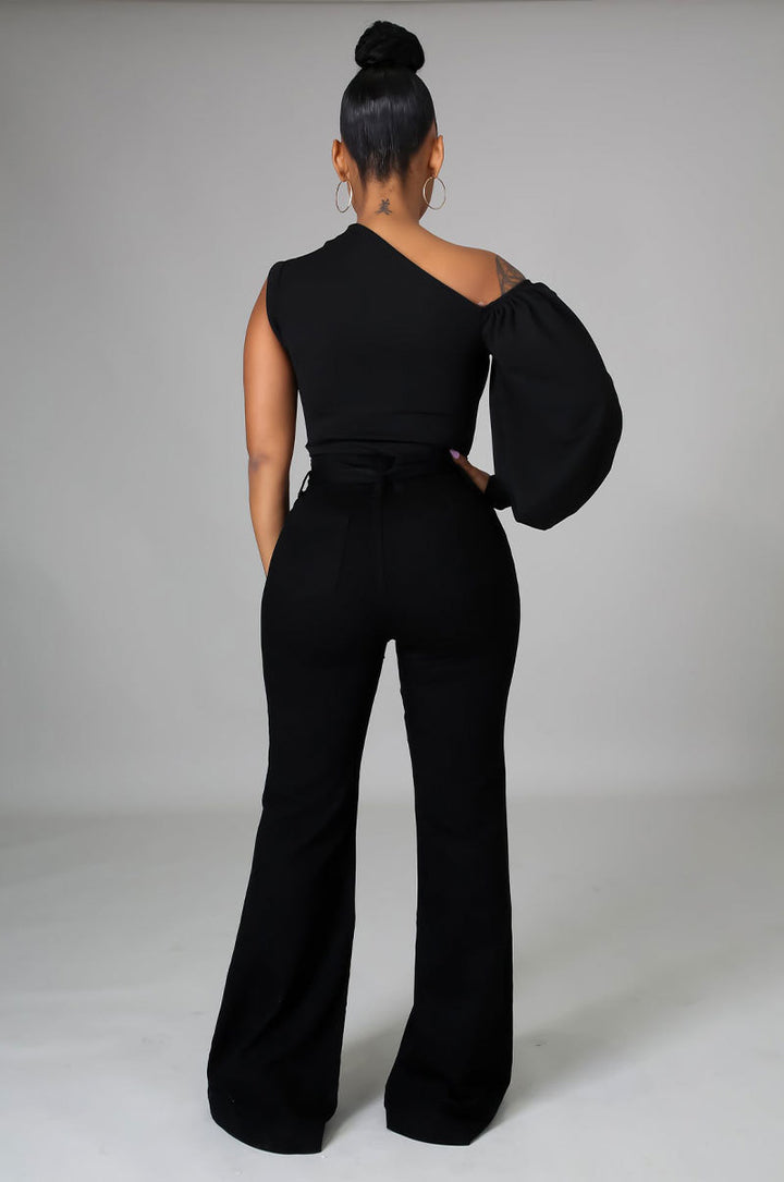 Lantern Sleeve One Shoulder Asymmetrical Blouse- Black