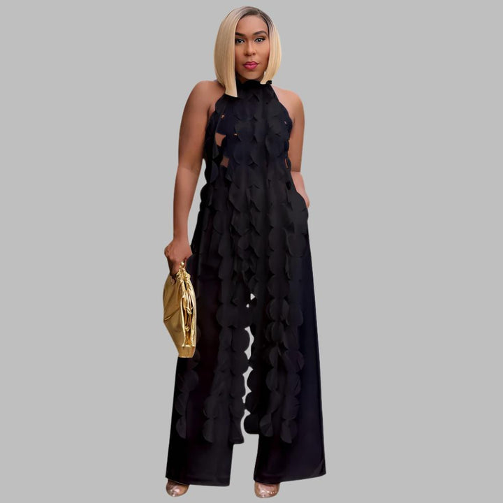 Backless Long Fringe Shirt Wide Leg Pants Set- Black