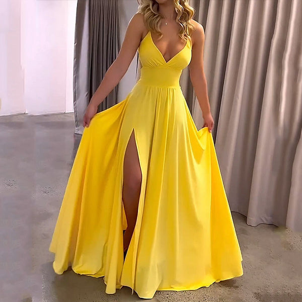 V Neck Lace Up Slit Maxi Dress- Yellow