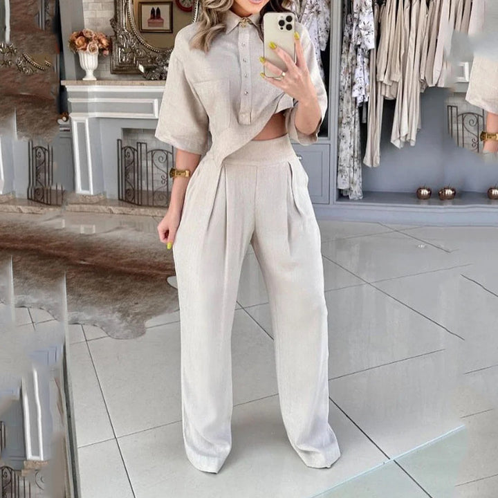 Collared Shirt Sleeve Two Piece Pants Set