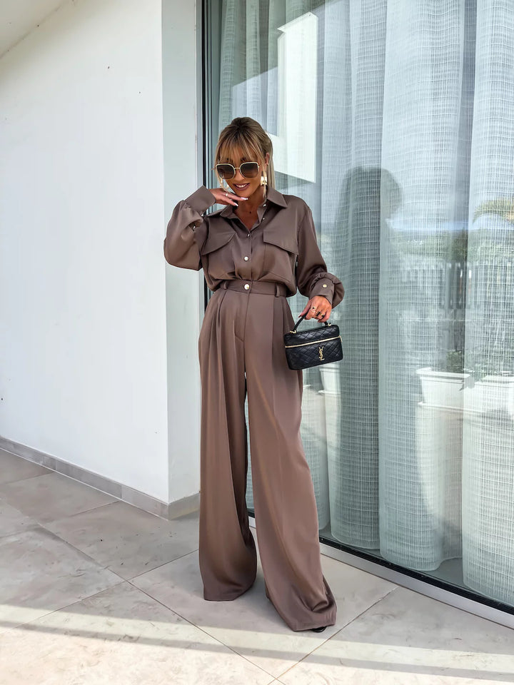 Long Sleeved Faux Pocket with Elegant Loose Trousers- Coffee