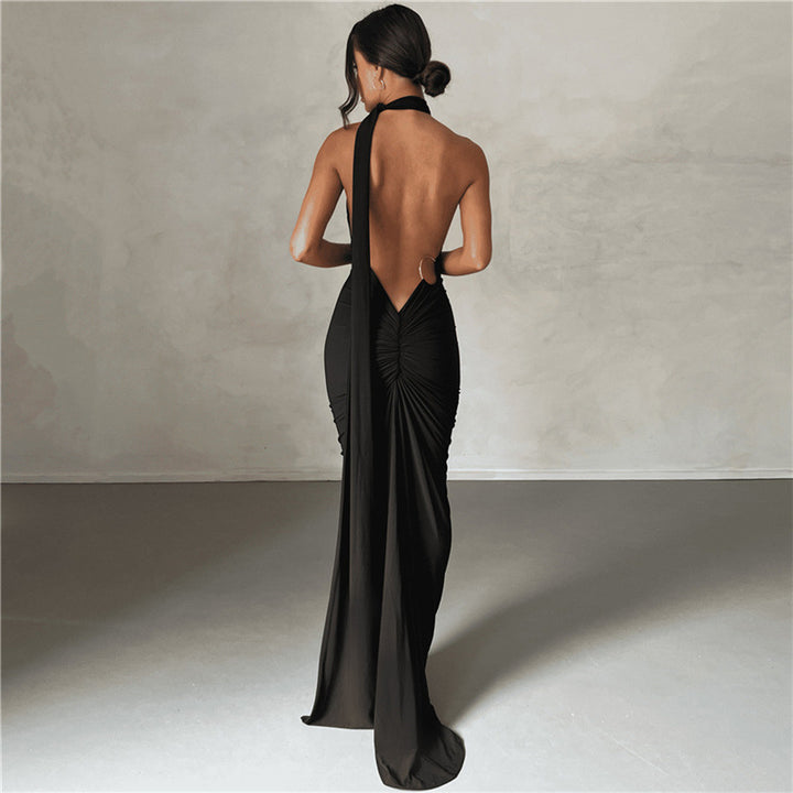 Backless Halter Evening Dress- Black