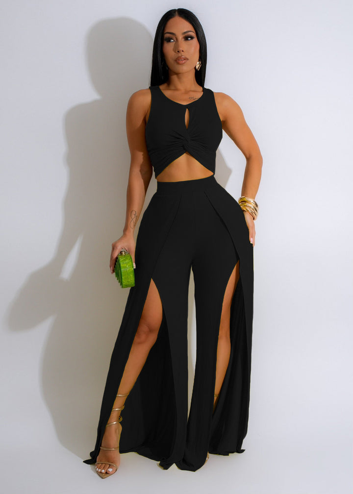 Sleeveless Crop Top with Split Wide Leg Pants- Black