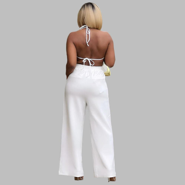 Backless Long Fringe Shirt Wide Leg Pants Set- White