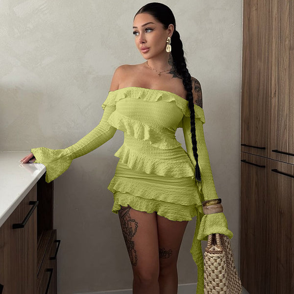 Off Shoulder Ruffled Bell Sleeve Dress- Green