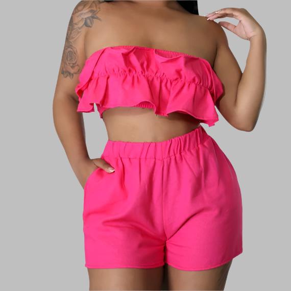 Ruffled Tube Top Shorts Set- Pink