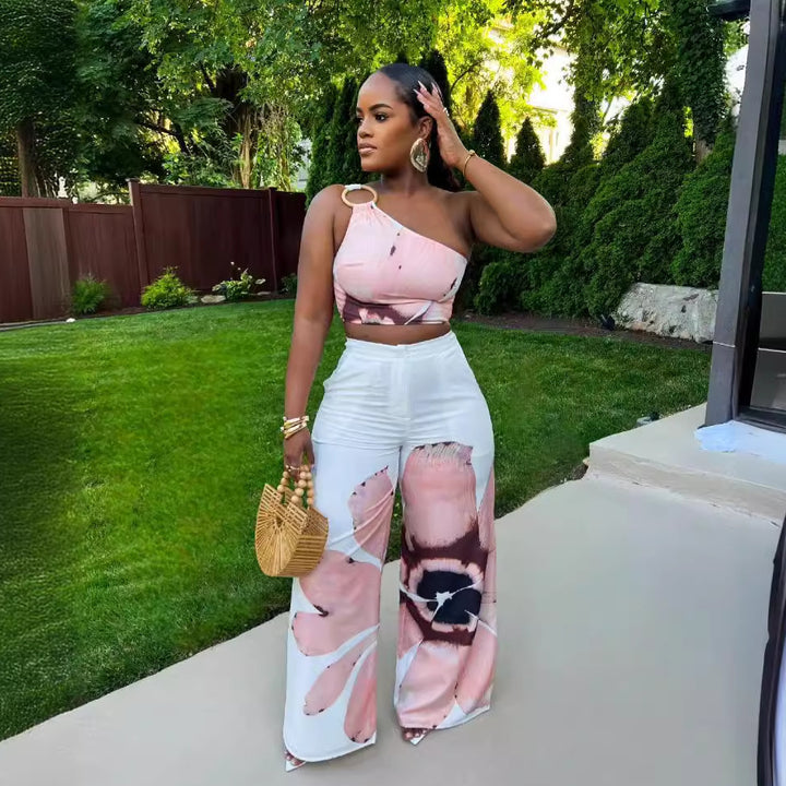 Printed Shoulder Top with Wide Leg Pants- Pink