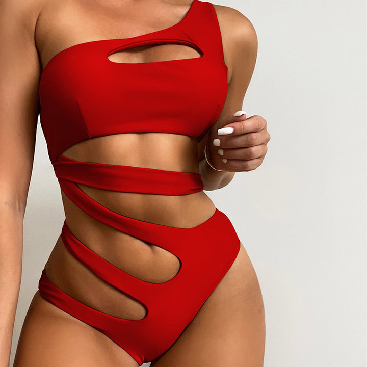  One Shoulder Cutout One Piece Swimsuit - Red