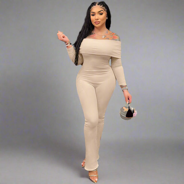 Off Shoulder Long Sleeve Solid Color Jumpsuit