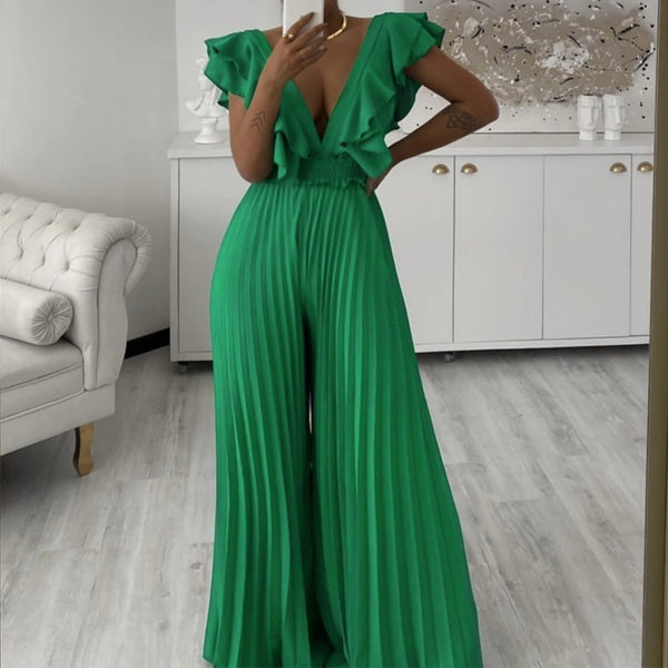 V Plunge Neck Ruffled Pleated Wide Leg Jumpsuit