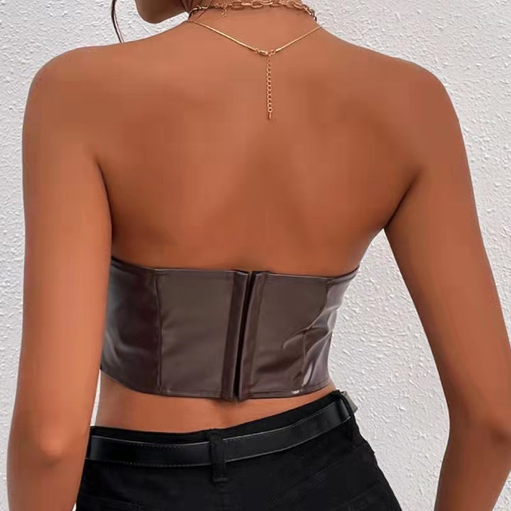 Faux Leather Crop Tube Top-  Brown