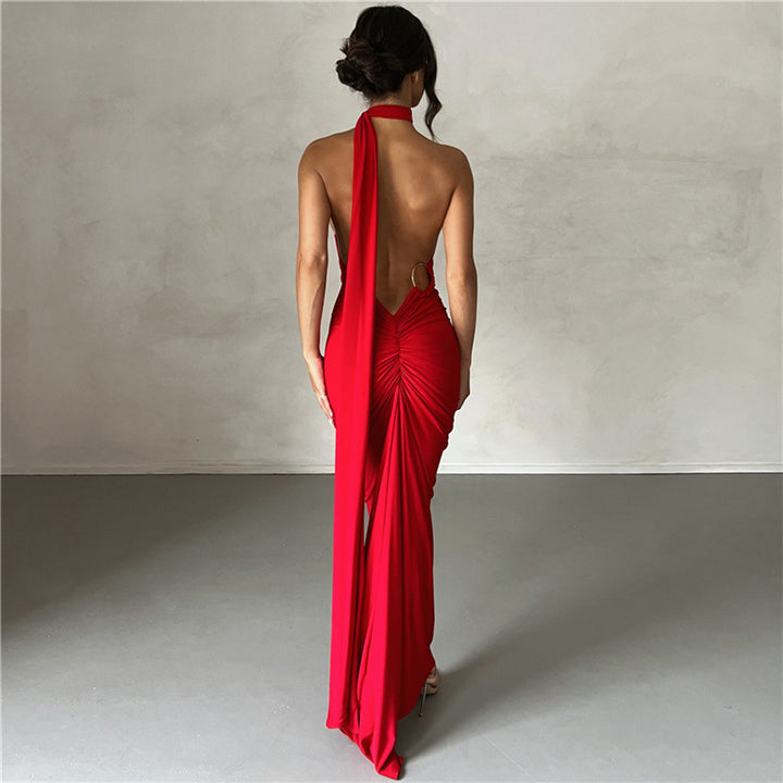 Backless Halter Evening Dress- Red