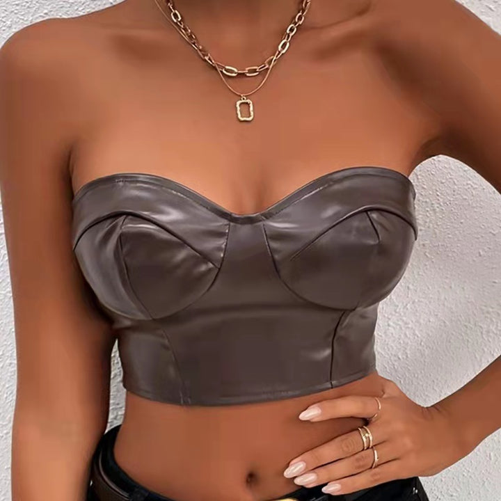 Faux Leather Crop Tube Top- Brown