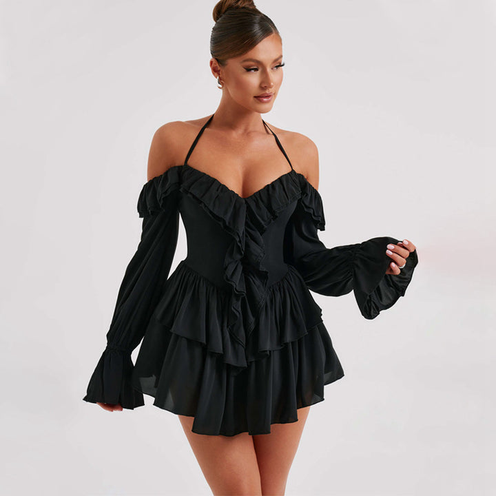 Ruffled Long Sleeve Romper- Black