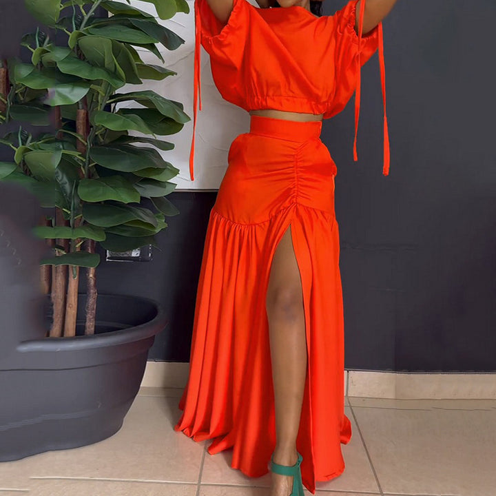 Off Shoulder Drawstring Top & Skirt Two Piece Set- Orange