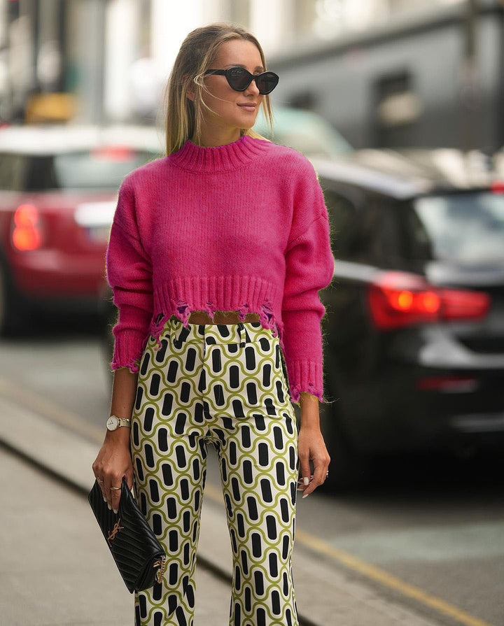 Perforated Short Long Sleeve Sweater- Coral Red