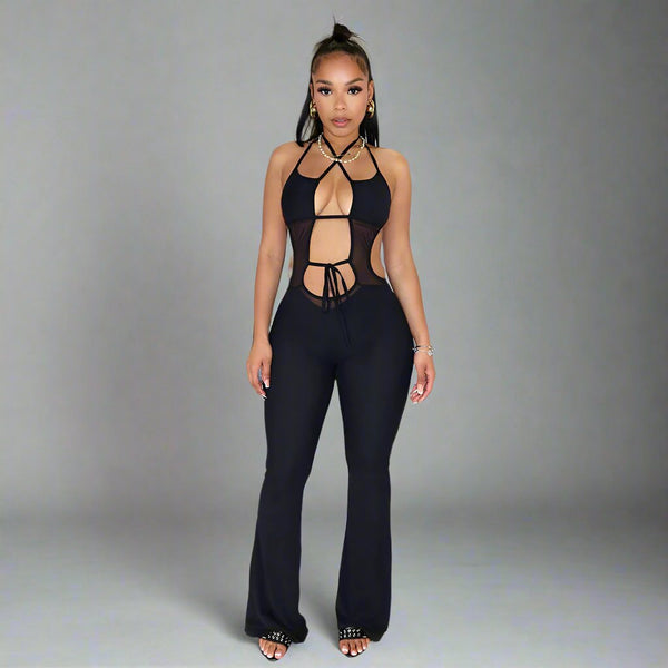 Sleeveless Lace up Backless Wide Leg Jumpsuit