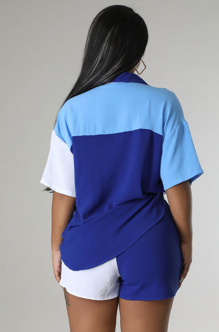 Color Block Short Sleeve Shorts Set- Blue