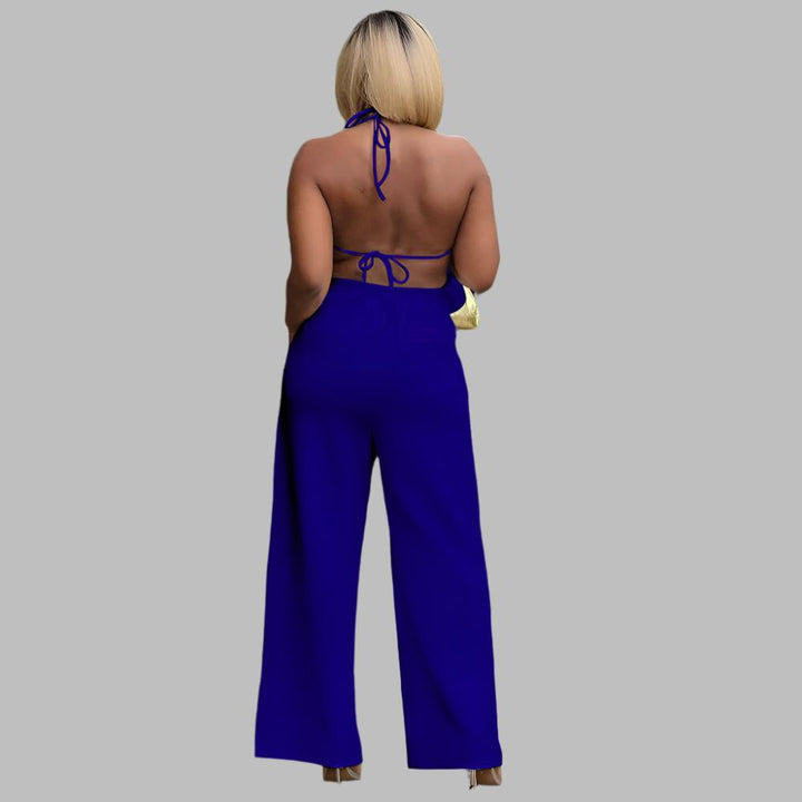 Backless Long Fringe Shirt Wide Leg Pants Set- Blue