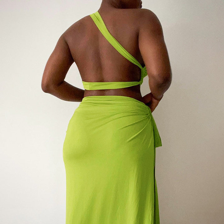 Pleated Backless Top Split Skirt Set- Green