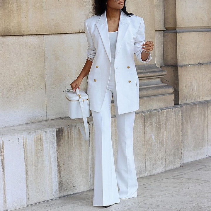 Solid Color Blazer w/ Wide Leg Pants Suit - White