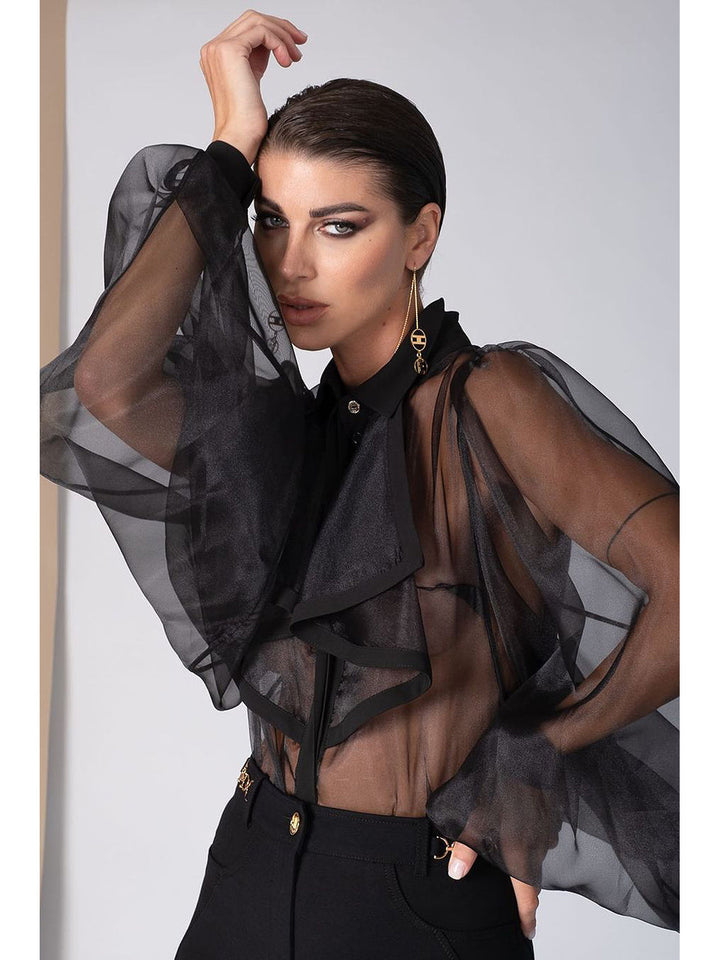 See Through Bodysuit Puff Sleeve Shirt- Black