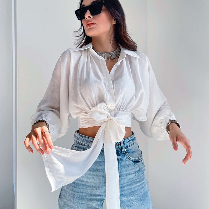 Tied Front Long Sleeve Cropped Loose Shirt- White