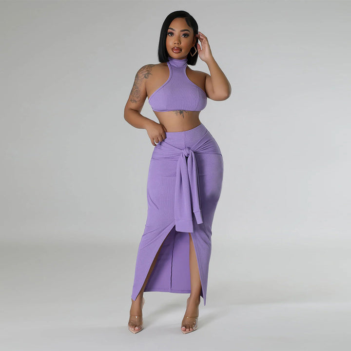 Sleeveless Stand Collar Crop Top with Tie Skirt- Purple