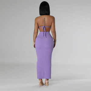 Sleeveless Stand Collar Crop Top with Tie Skirt- Purple